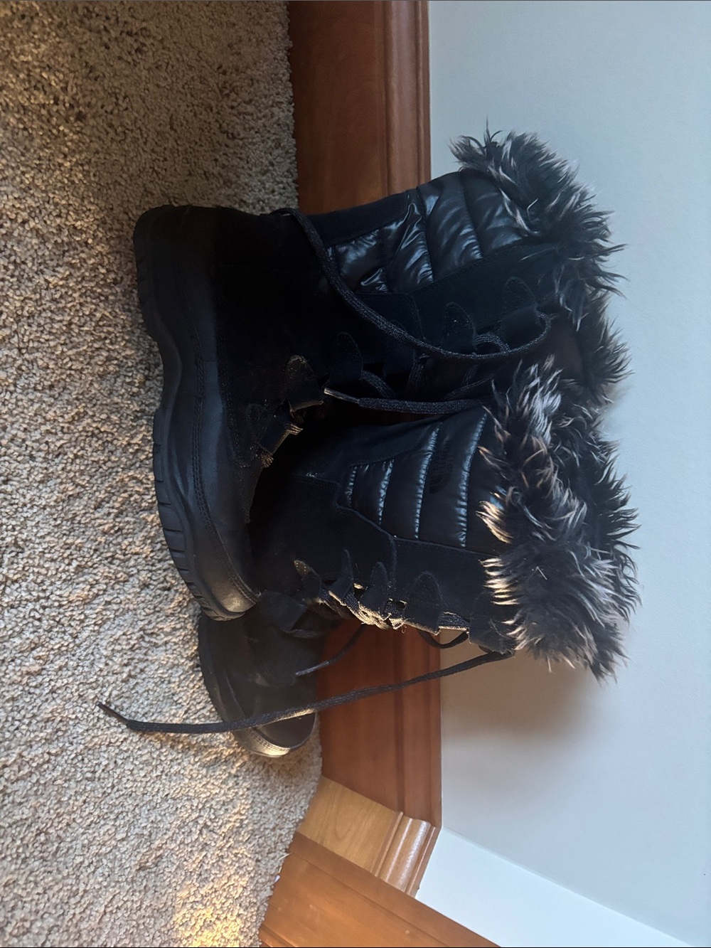 The North Face Black Quilted Lace-Up Winter Boots with Faux Fur Trim